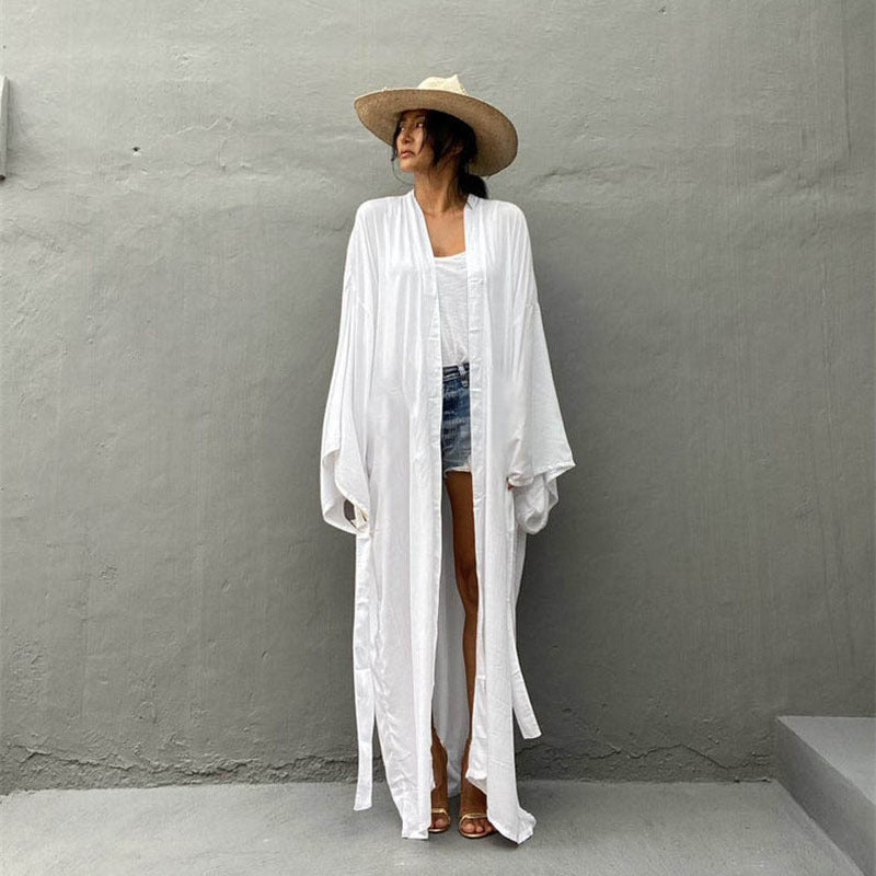 Summer Beach Holiday Kimono Cover Up Dresses-White-One Size-Free Shipping Leatheretro