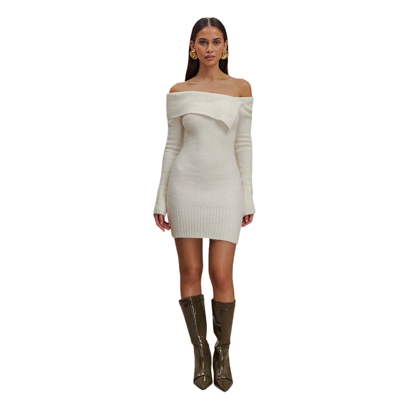 Sexy Off The Shoulder Long Sleeves Knitted Sweaters-Dresses-White-S-Free Shipping Leatheretro