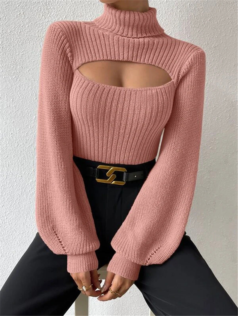 Sexy High Neck Short Knitted Sweaters-Sweater&Hoodies-Pink-S-Free Shipping Leatheretro