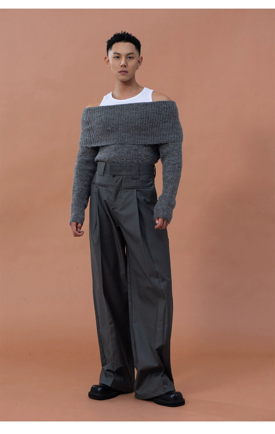 CLP Grey Off-Shoulder Wool Sweater | Relaxed Fit Ribbed Knit-Sweater-Gray-S-Free Shipping Leatheretro