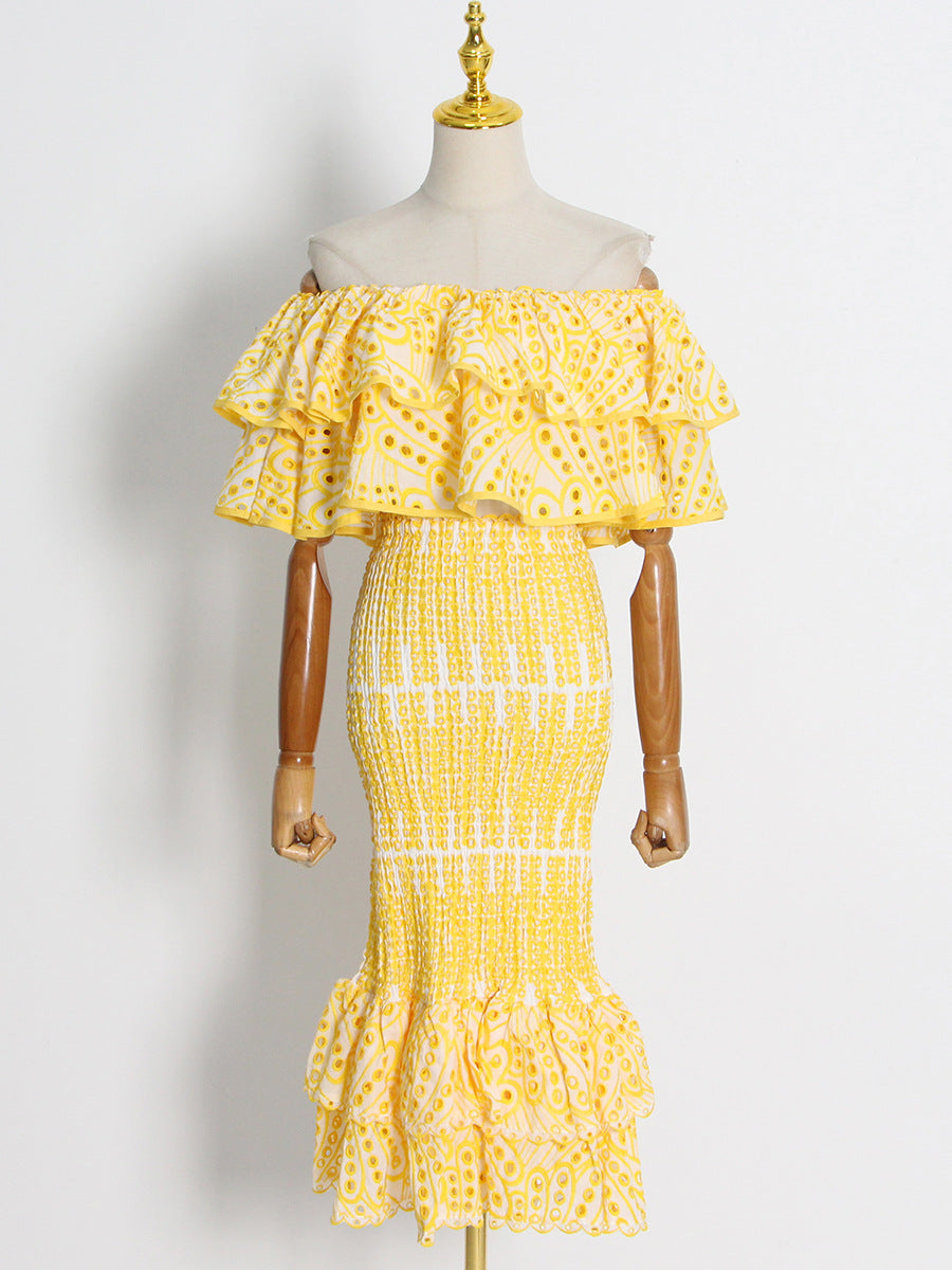 Fashion Ruffled Irregular Shirts and High Waist Mermaid Skirts Sets-Dresses-Yellow-S-Free Shipping Leatheretro