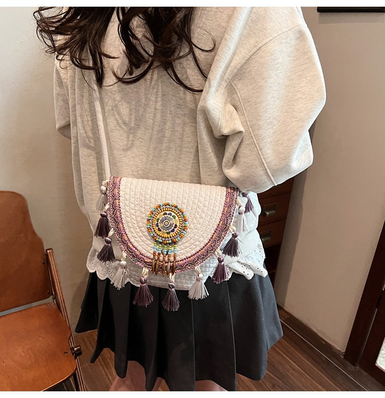 Bohemian Straw Woven Handbag-khaki-Free Shipping Leatheretro