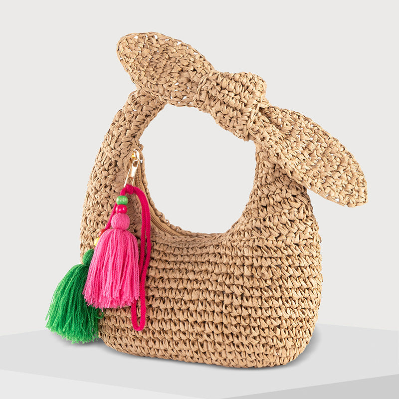 Summer Crescent Moon Handbag – Bow Detail Straw Woven Bag-Apricot - Green Tassel-25x5x15CM-Free Shipping Leatheretro