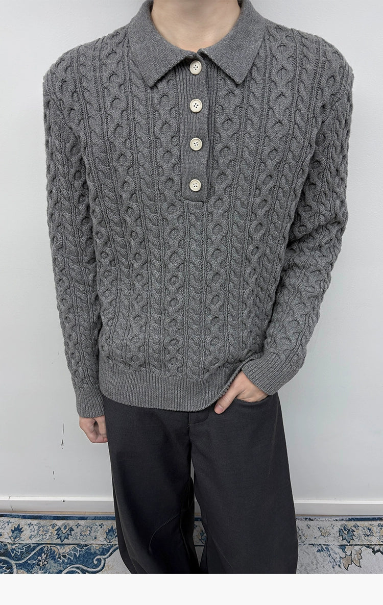 KREATE Textured Cable-Knit Polo Sweater-Ivory-S-Free Shipping Leatheretro