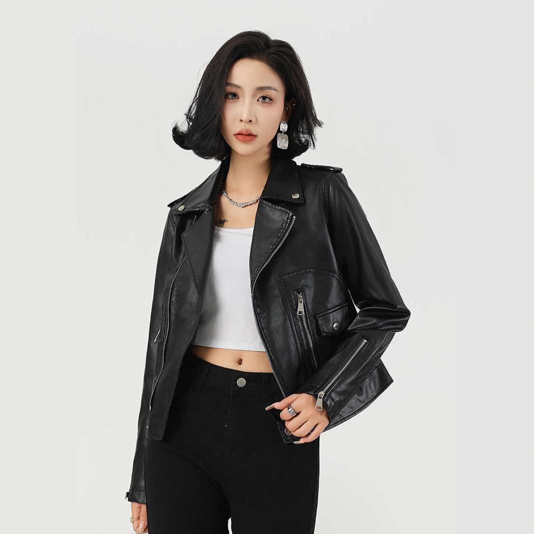 Women's Short PU Leather Jacket-Motorcycle Jackets-Black-S 50-55 kg-Free Shipping Leatheretro