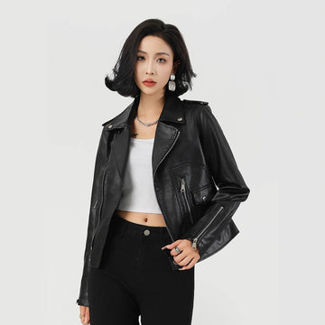Women's Short Faux Leather Jacket-Black-S-Free Shipping Leatheretro
