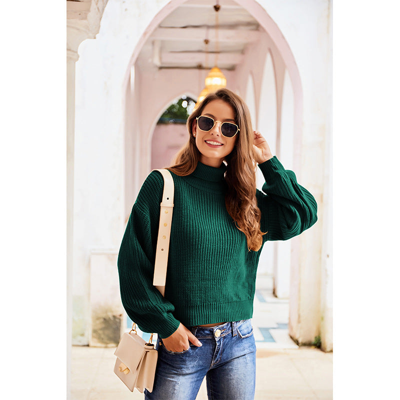 Casual High Neck Knitted Long Sleeves Sweaters-Sweater&Hoodies-Green-S-Free Shipping Leatheretro