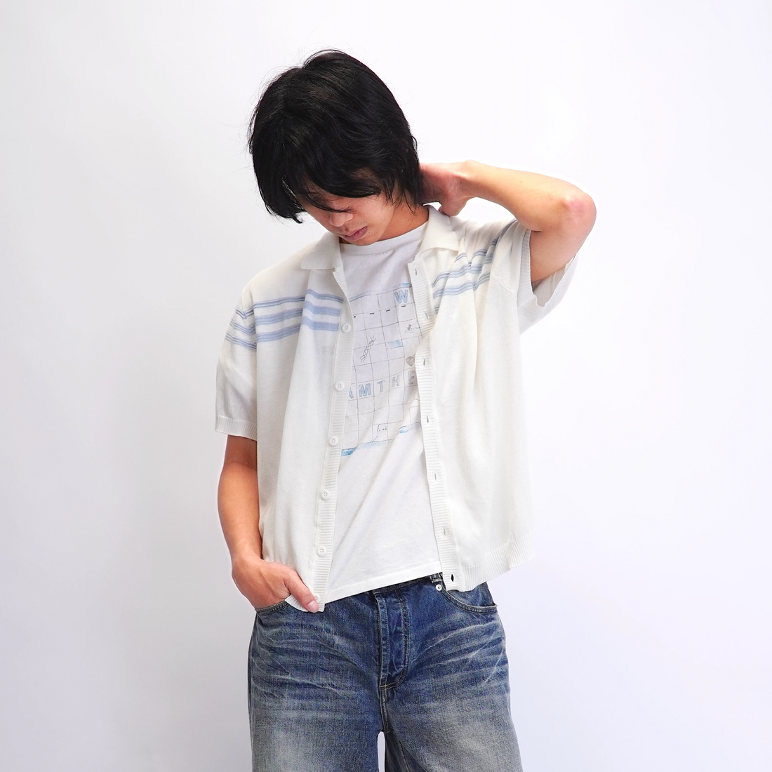 IN EXISTENCE Jacquard-Trim Wool-Blend Knit Half Shirt-Half shirt-S (1)-Blue (S M for Preorder)-Free Shipping Leatheretro