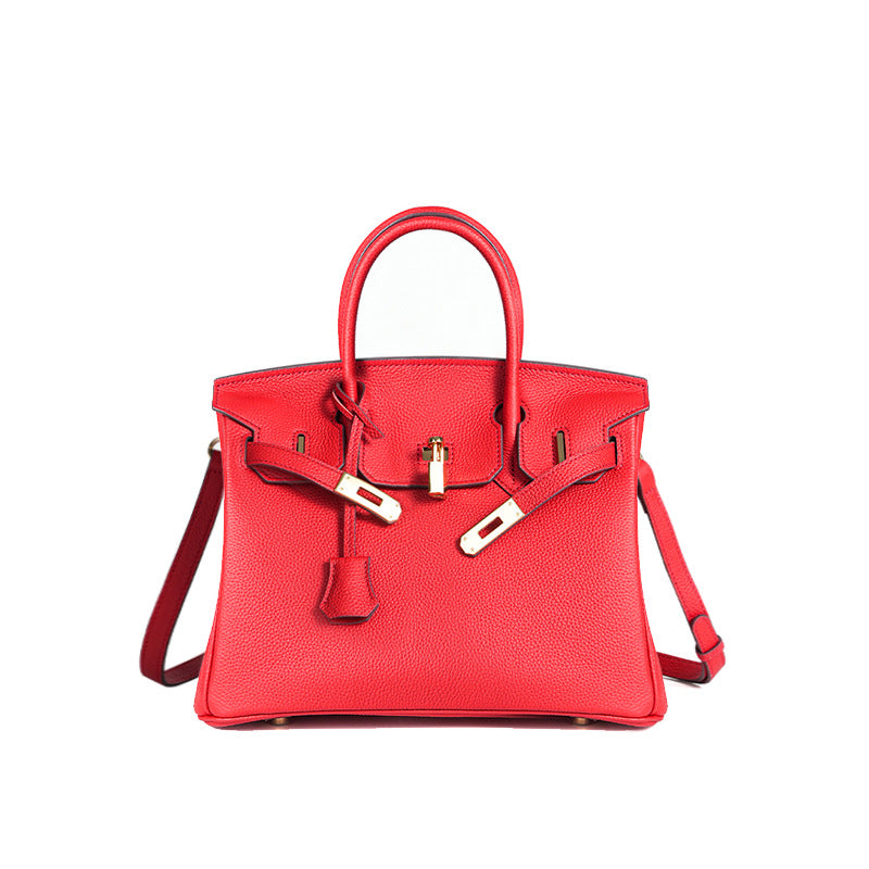 Luxury Genuine Top Grain Pebbled Leather Women's Handbag with Lock Closure-Handbags-elephant gray-35CM-Free Shipping Leatheretro