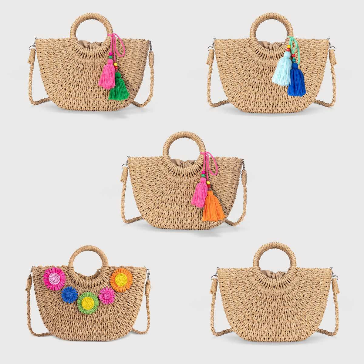 Boho Straw Woven Handbag – Women’s Natural Rattan Tote Bag-Apricot flowers-Free Shipping Leatheretro