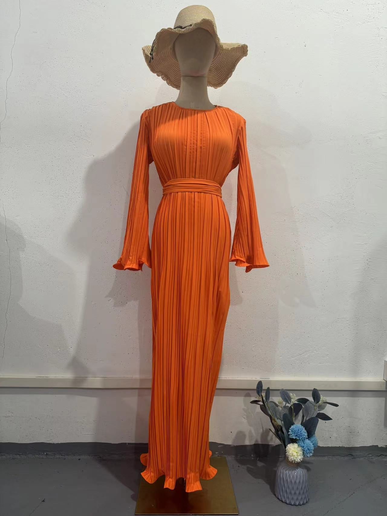 Elegant Flare Sleeves Midi Length Dresses-Orange-S-Free Shipping Leatheretro