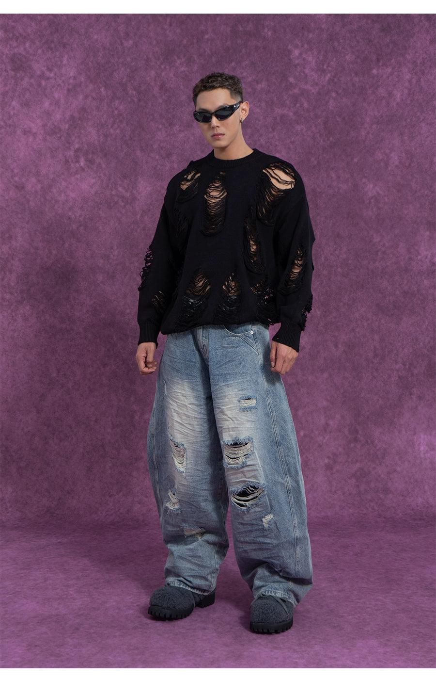 CLP Unisex Distressed Knit Sweater-Black-S-Free Shipping Leatheretro