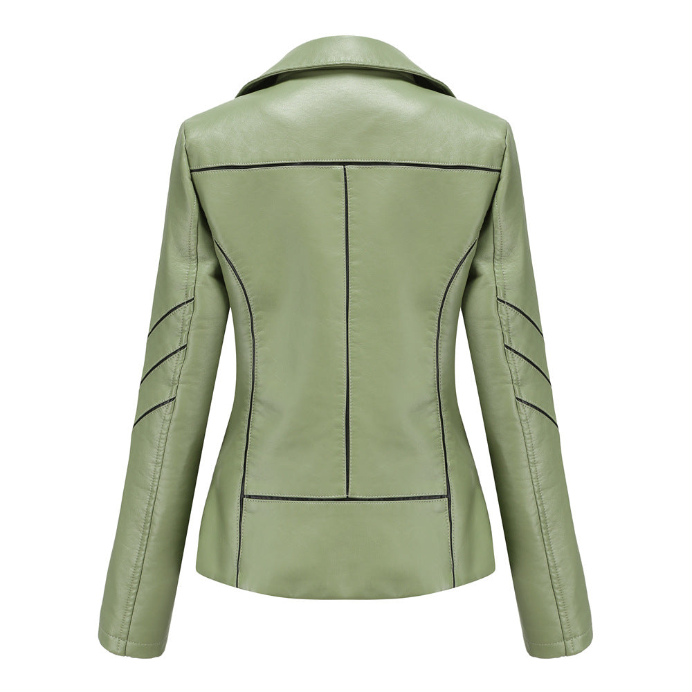 Women's PU Leather Jacket Short Biker Jacket for Spring & Fall-Beige-S-Free Shipping Leatheretro