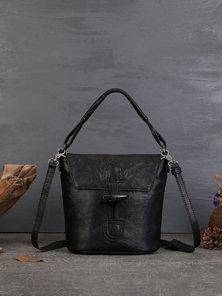Vintage Bucket Bag – Full-Grain Leather Mix-and-Match Crossbody Tote Bags-crossbody bags-Black-Free Shipping Leatheretro