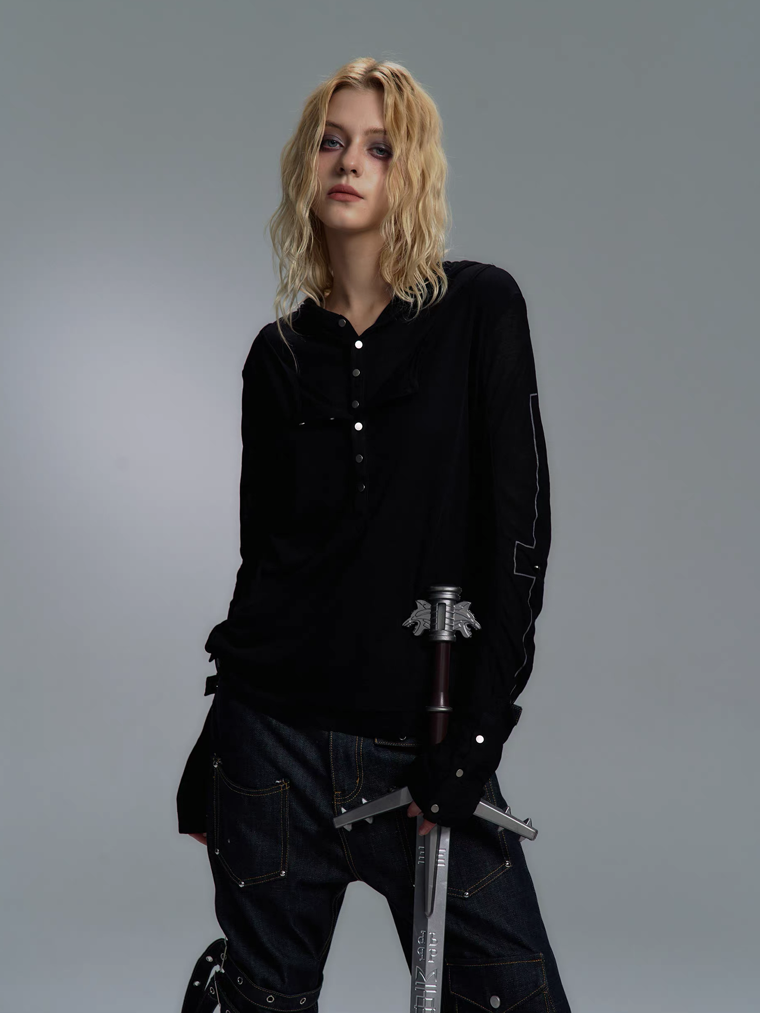 PAIKI Cross Layered Slim Hooded Long Sleeve Tee-L/S Tee-S-Black (Preorder)-Free Shipping Leatheretro