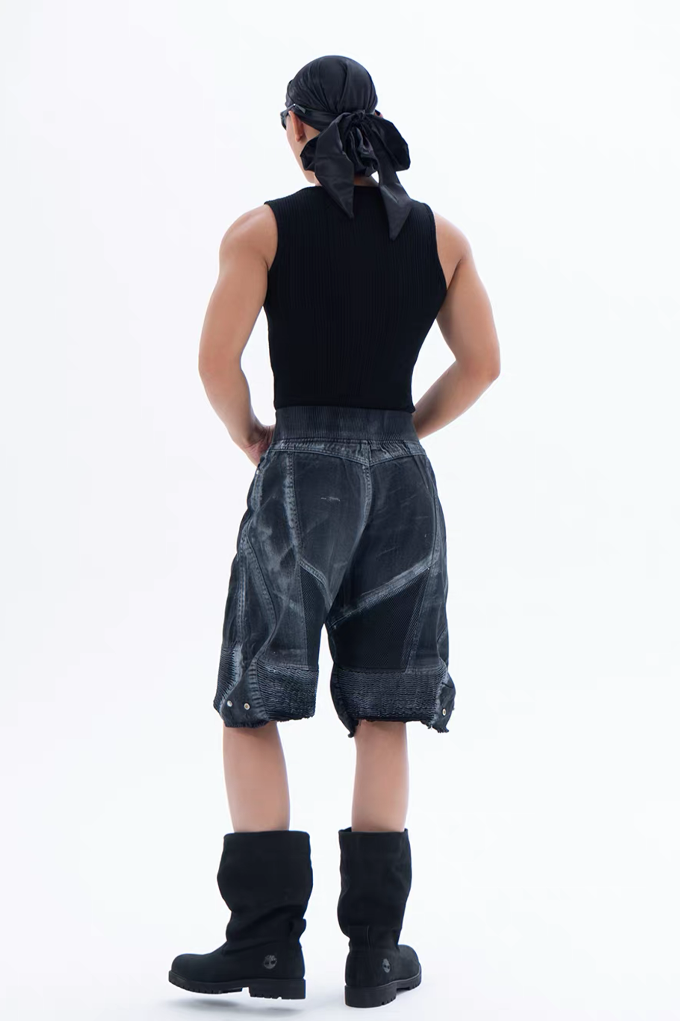 CLP Ribbed Paneled Wide-Leg Denim Shorts-Shorts-M / 27"-Black-Free Shipping Leatheretro