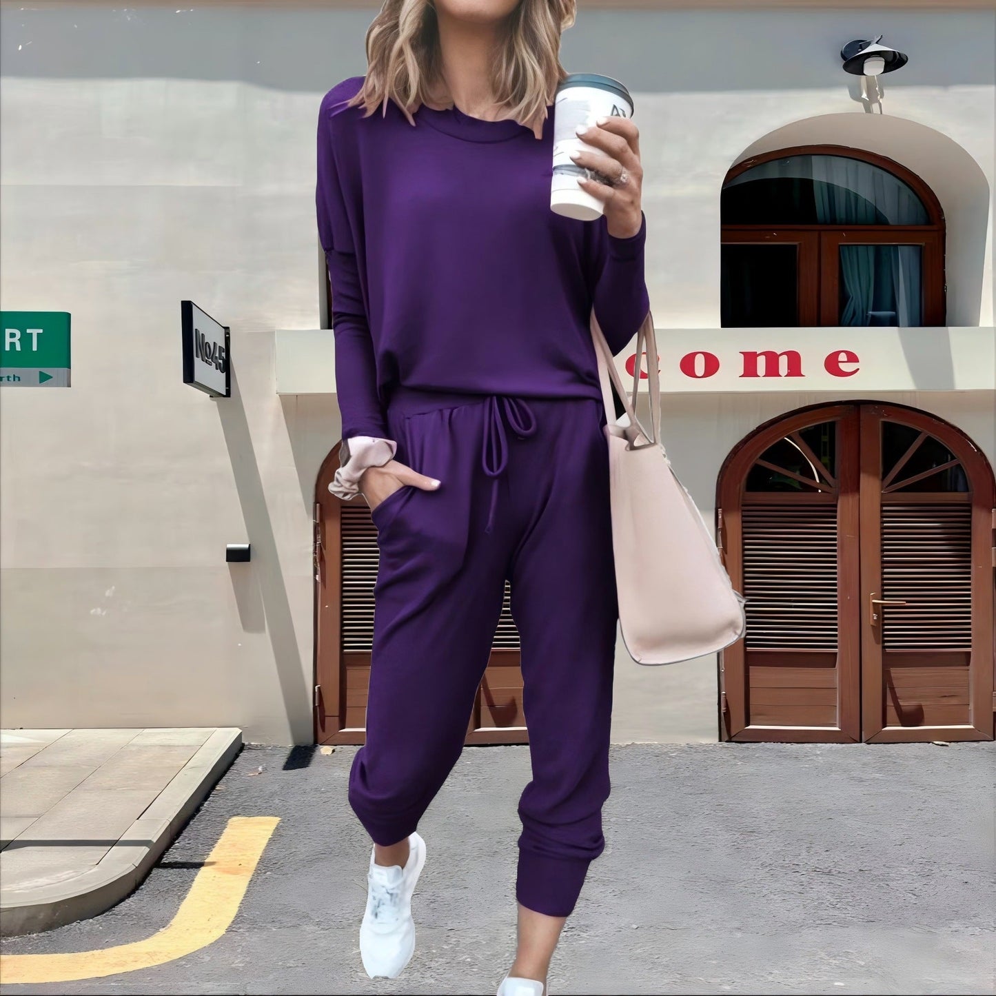 Casual Fall Long Sleeves Blouses and Pants-Suits-Purple-S-Free Shipping Leatheretro