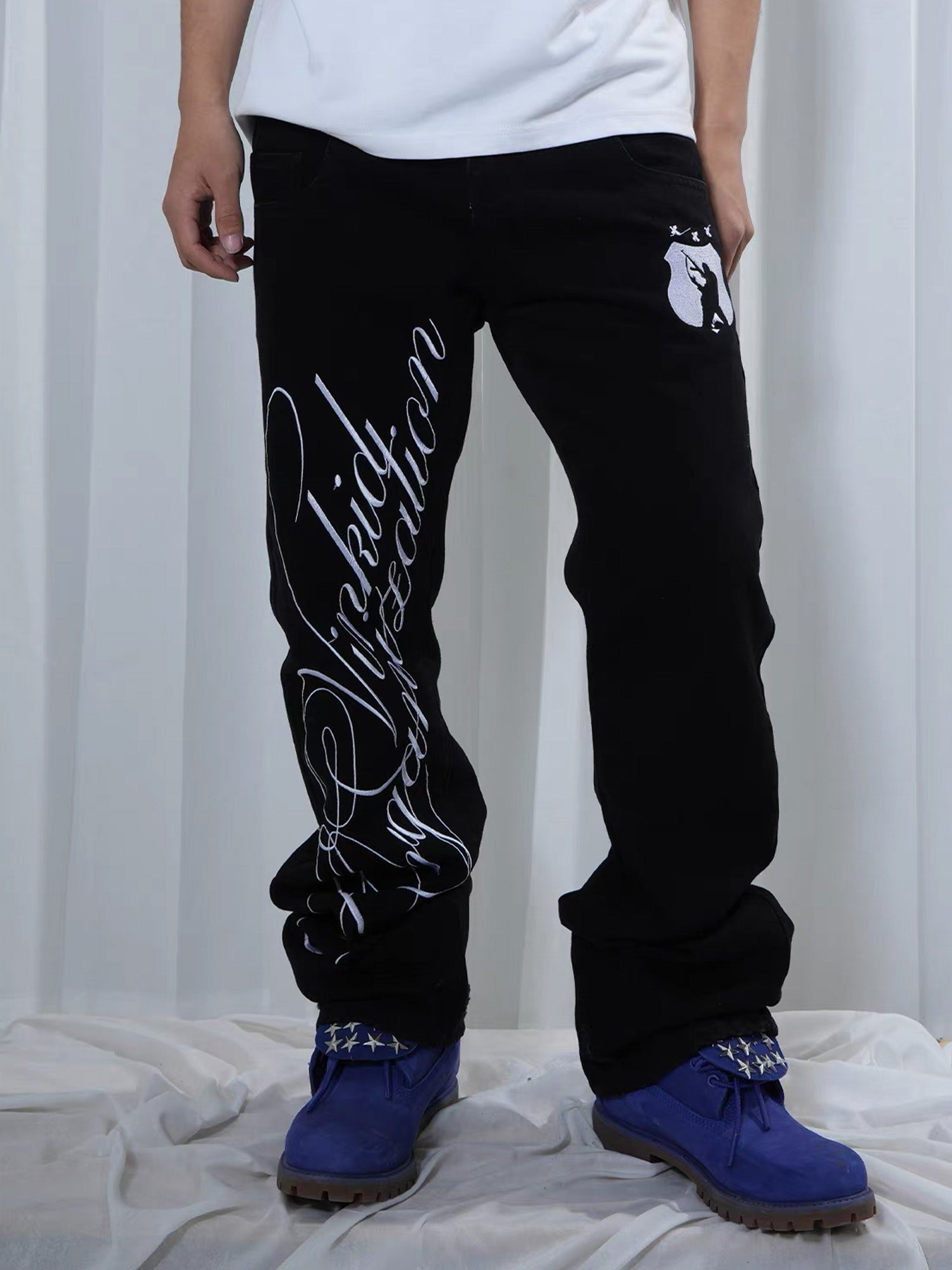 VINKID Double-Waist Script Graphic Jeans-Jeans-S (Preorder)-Free Shipping Leatheretro