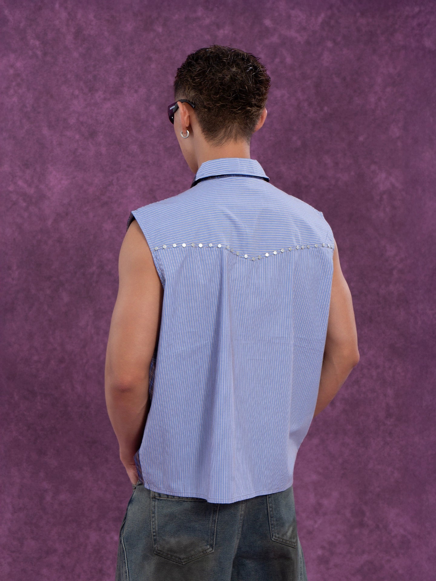 CLP Men's Blue Checkered & Striped Sleeveless Shirt Vest with Rivet Details-Blue-S-Free Shipping Leatheretro