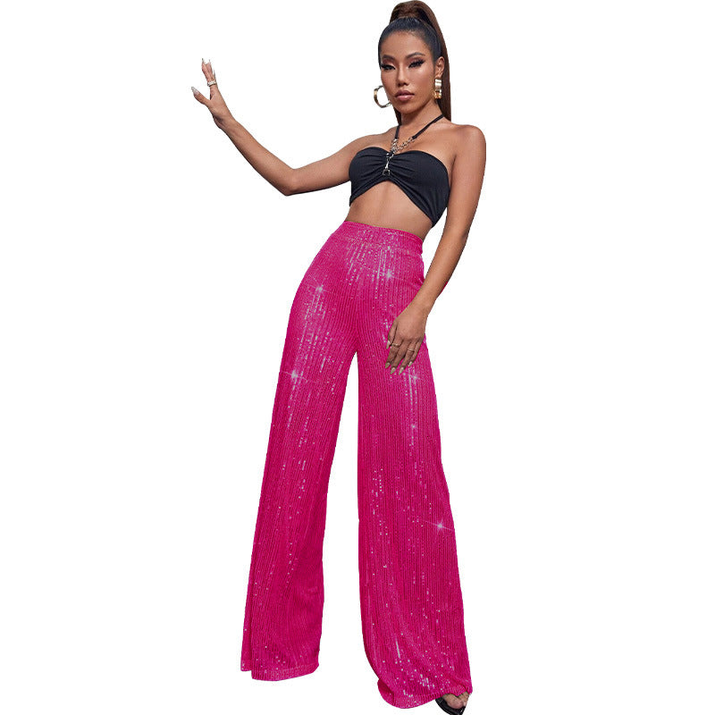 Fashion High Waist Sequin Summer Wide Legs Pants-Pants-Rose Red-S-Free Shipping Leatheretro