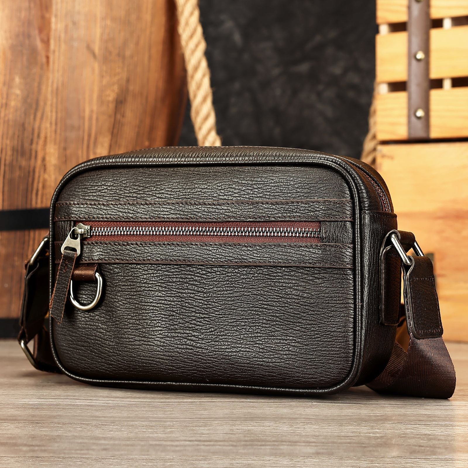 Genuine Leather Men's Crossbody Bag Luxury Cowhide Fashion Bag-Messenger Bag-Black-Free Shipping Leatheretro