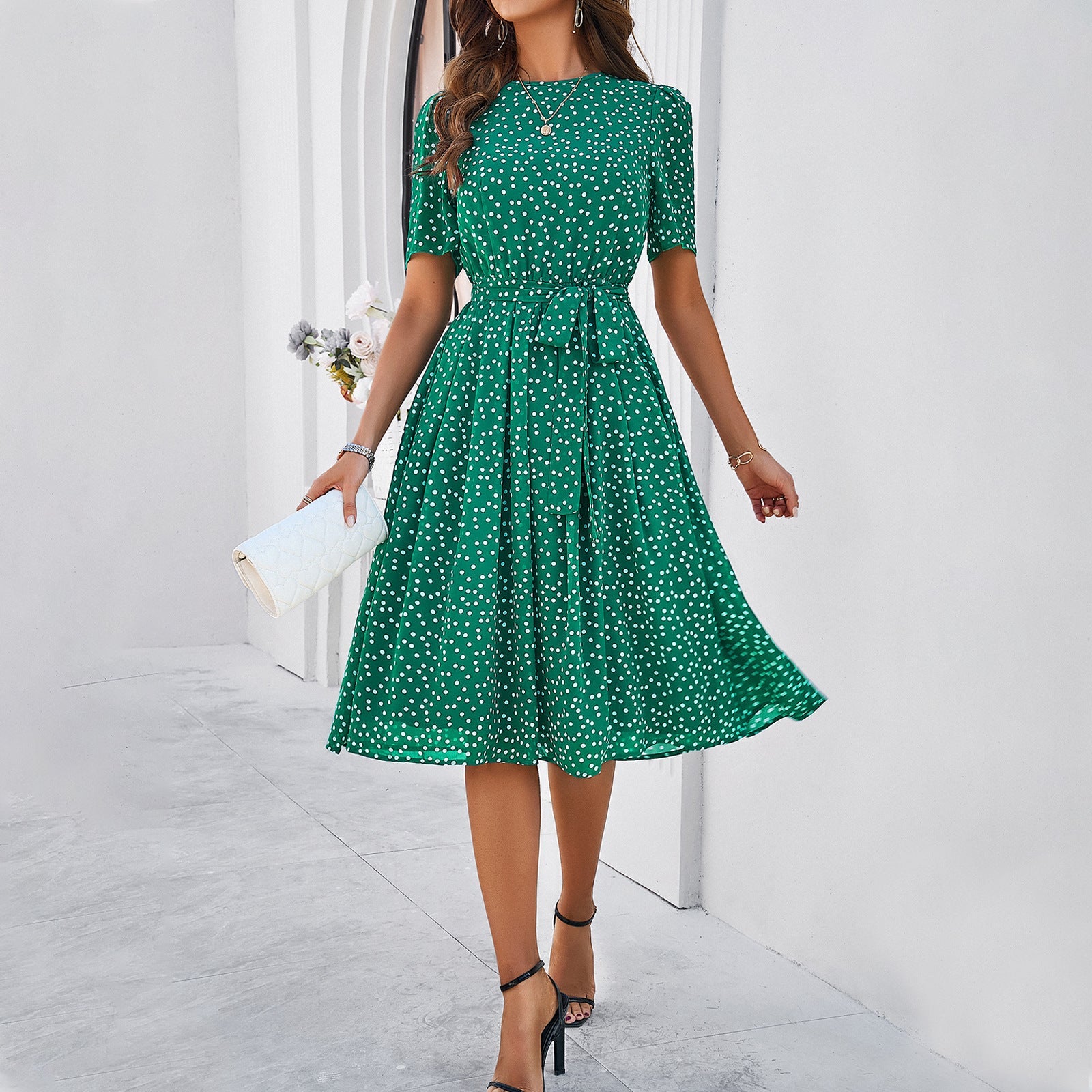 Elegant Polk Dot Short Sleeves Dresses-Dresses-Green-S-Free Shipping Leatheretro
