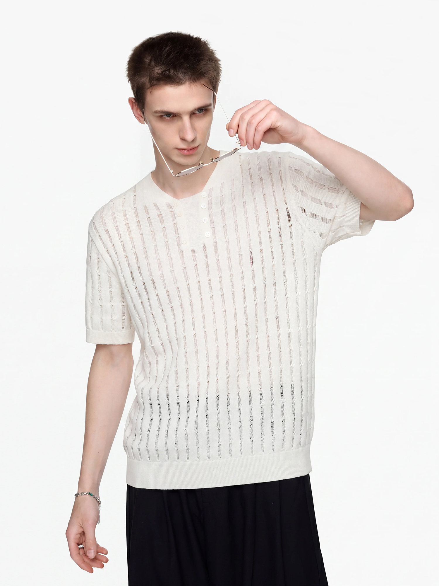 TIWILLTANG Essential Openwork Knitted T Shirt-T Shirt-S-Black-Free Shipping Leatheretro