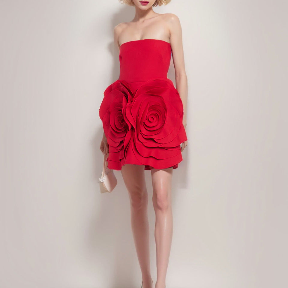 Sexy Designed Strapless 3D Flower Evening Party Dresses-Dresses-Red-XS-Free Shipping Leatheretro