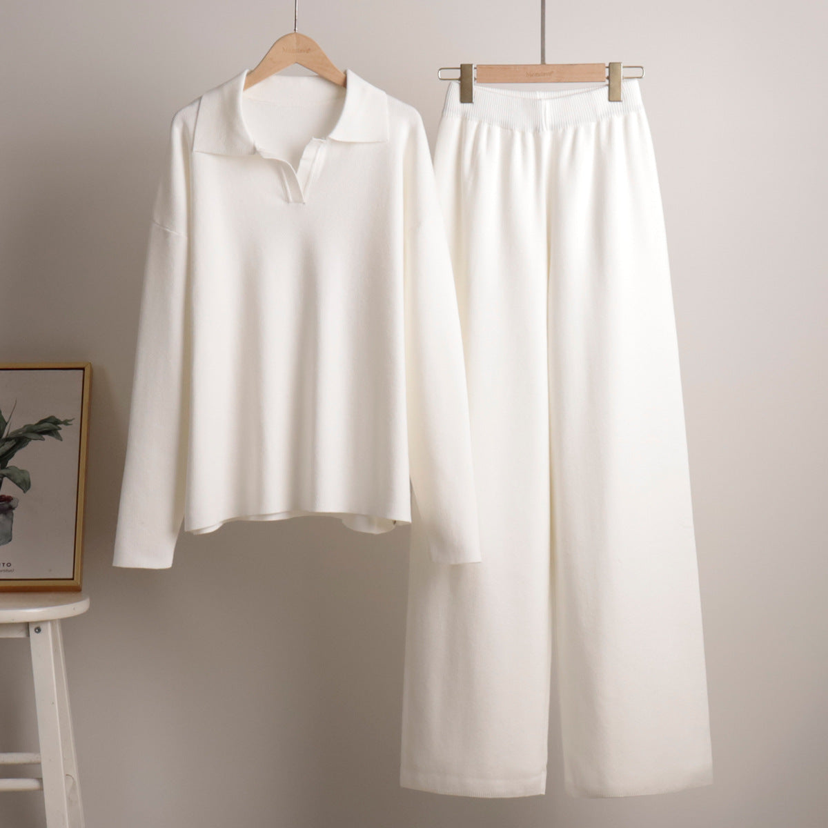 Fashion Winter Polo Neck Knitted Tops & Wide Legs Pants-suits-Ivory-S-Free Shipping Leatheretro