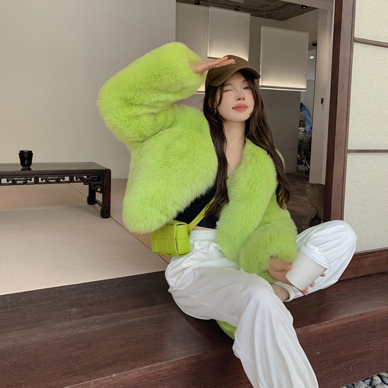 Designed Faux Fox Fur Warm Short Coats-Coats & Jackets-Green-S-Free Shipping Leatheretro