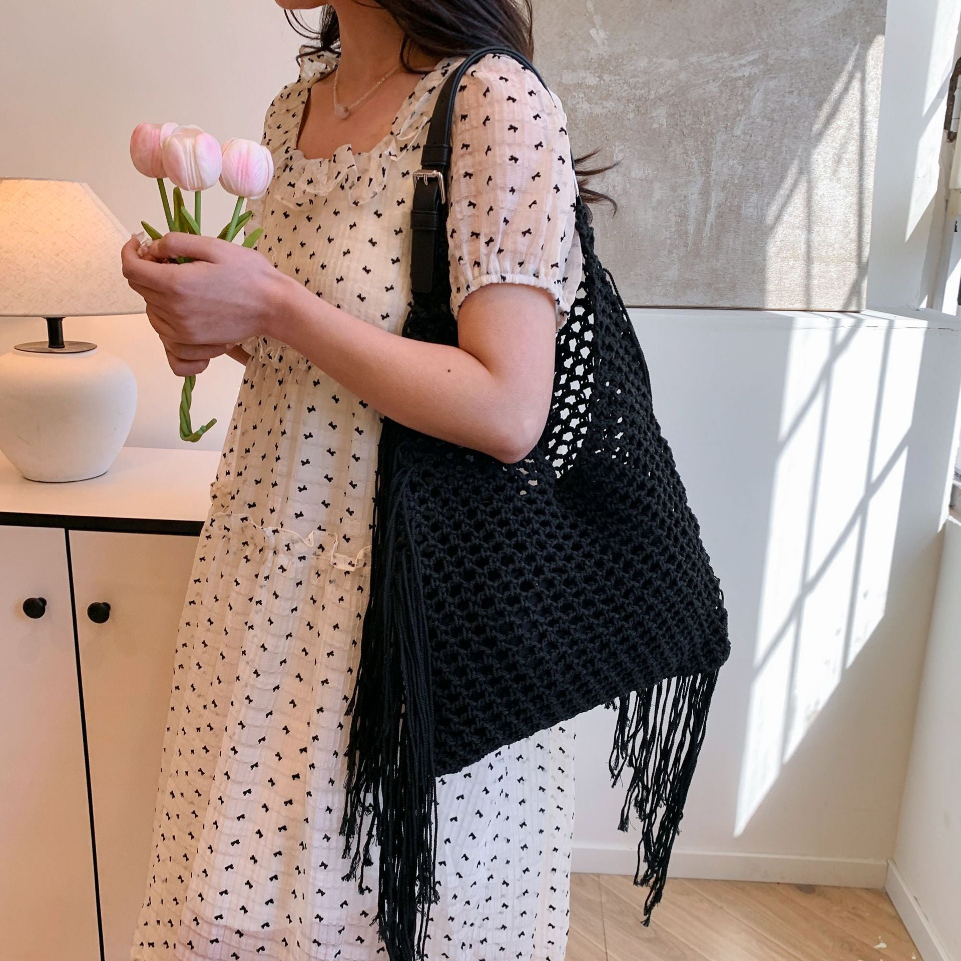 Retro Fringe Handwoven Crochet Tote Bag-Black-Free Shipping Leatheretro
