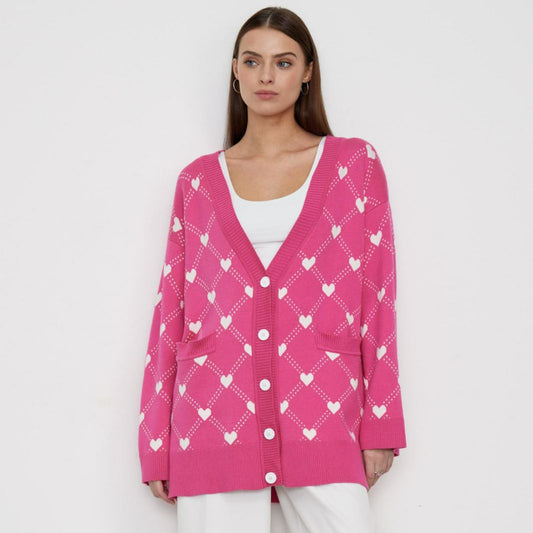 Lovely Pink Sweet Heart Fall Knitted Cardigan-Sweater&Hoodies-Rose Red-S-Free Shipping Leatheretro