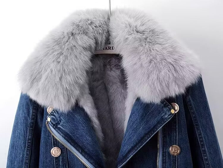 Winter Detachable Fox Fur Denim Jacket Coats for Women-Coats & Jackets-Blue-S-Free Shipping Leatheretro