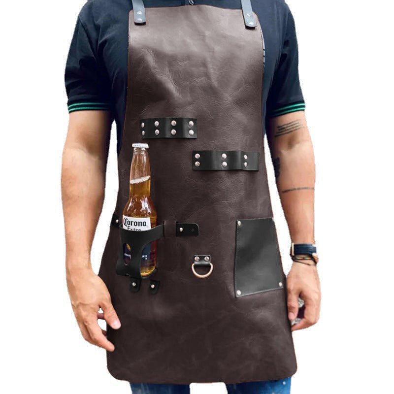 PU Leather BBQ Apron – Outdoor Cooking, Grilling & Picnic Apron with Bottle Holder – Oil-Resistant Work Apron-Leather Canvas Aprons-PU Brown-Free Shipping Leatheretro