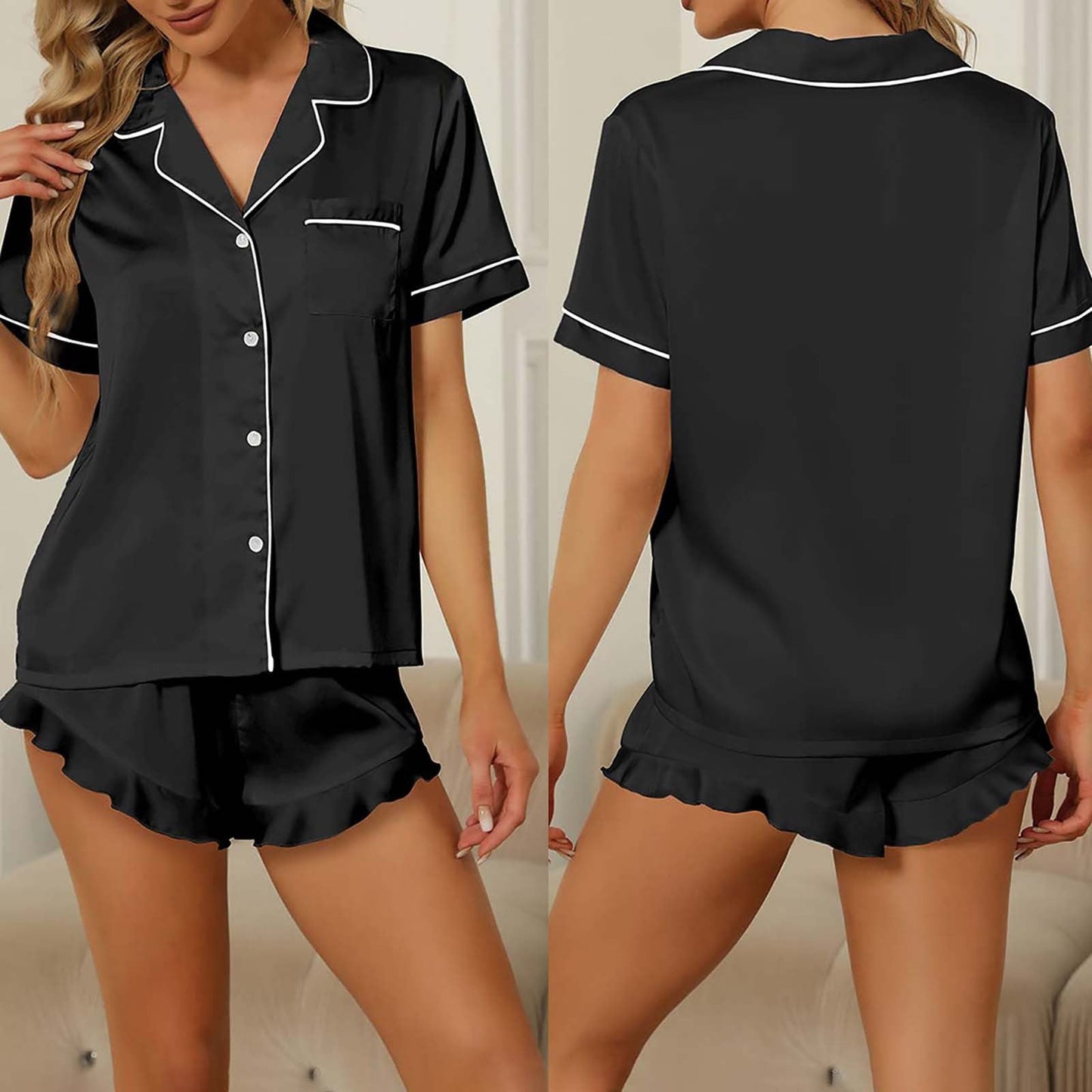 Casual Satin Summer Pajamas Suits for Women-Pajamas-Black-S-Free Shipping Leatheretro