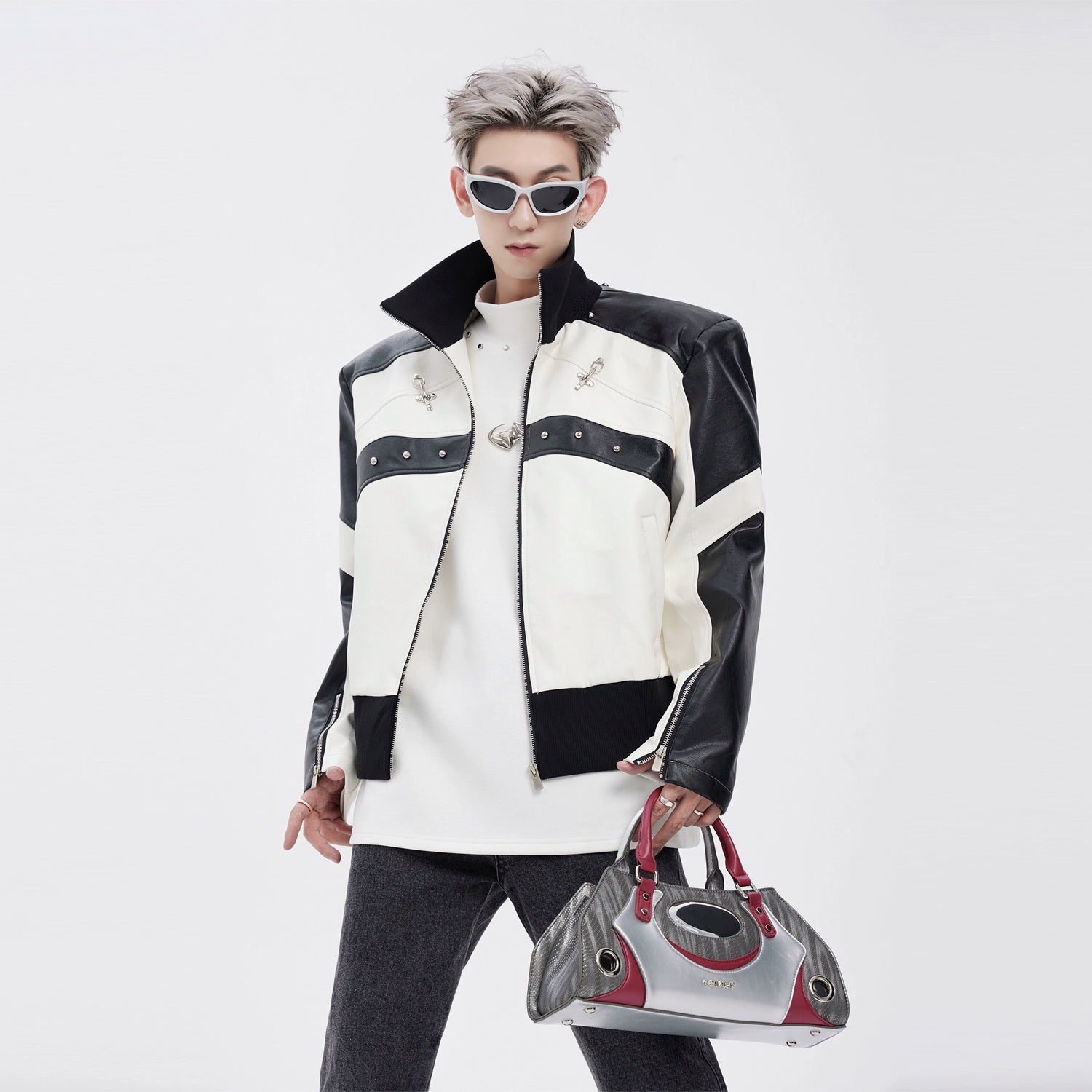 STARTEXCEEDEND Men's Short Biker Leather Jacke-Black White-M 45-60kg-Free Shipping Leatheretro