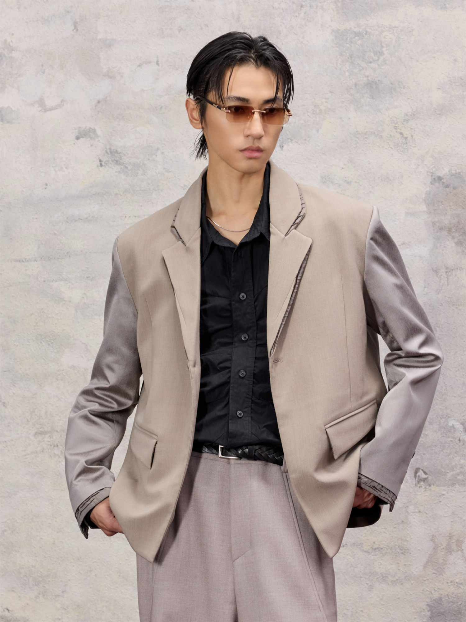 ALVNG AR ANTS Essential Sheen Spliced Blazer-Jacket-S-Free Shipping Leatheretro