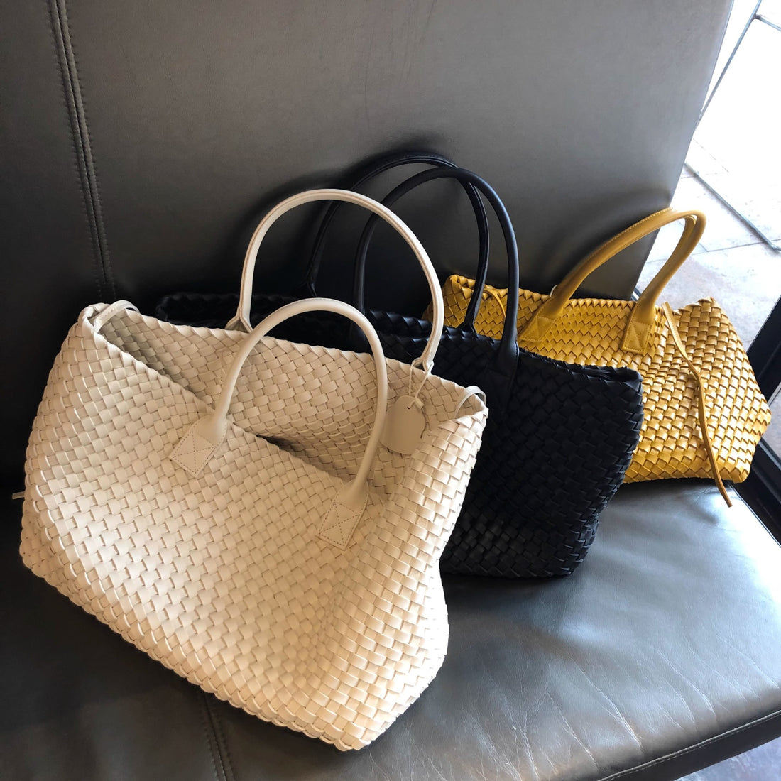 Handwoven Faux Leather Large Tote Bag for Women-White-Free Shipping Leatheretro