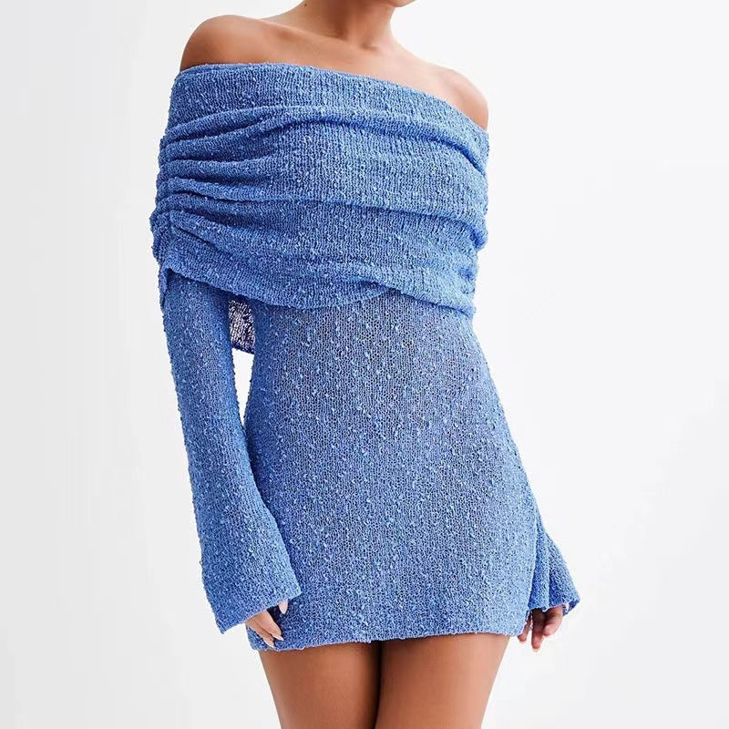 Sexy Off The Shoulder Long Sleeves Mini Dresses-Dresses-Blue-S-Free Shipping Leatheretro