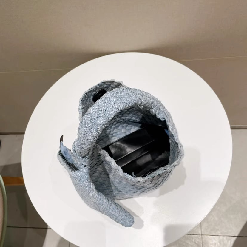 Stylish Canvas & Denim Woven Bucket Bag for Women-Light Blue 23cm-Free Shipping Leatheretro