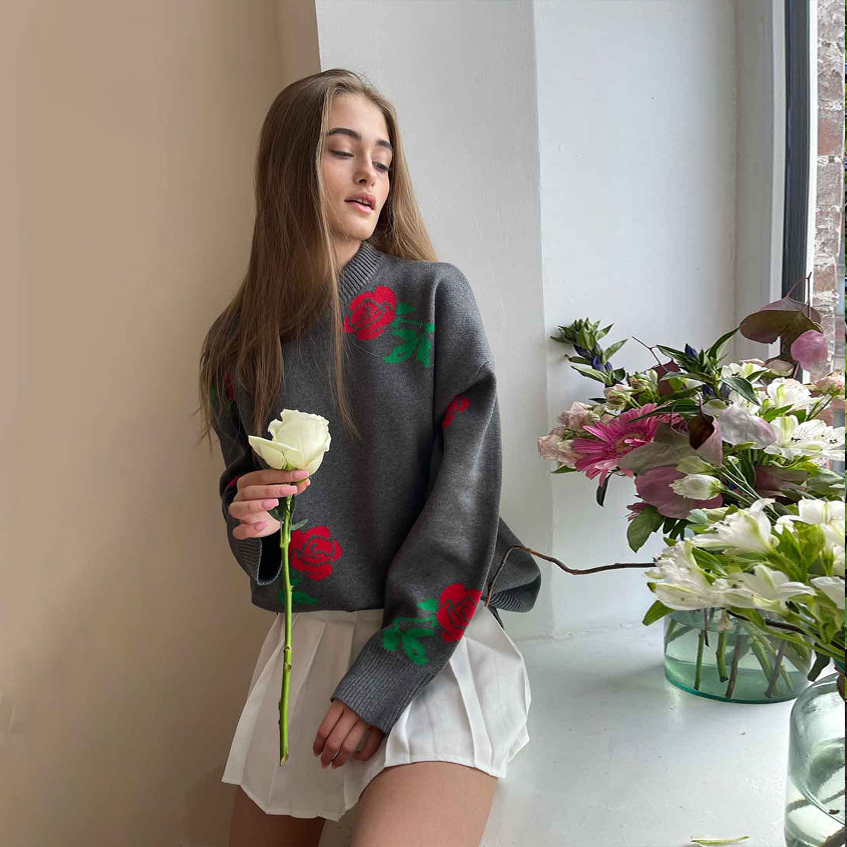 Fashion Rose Flowers Winter Knitted Women Sweaters-Sweater&Hoodies-Pink-S-Free Shipping Leatheretro