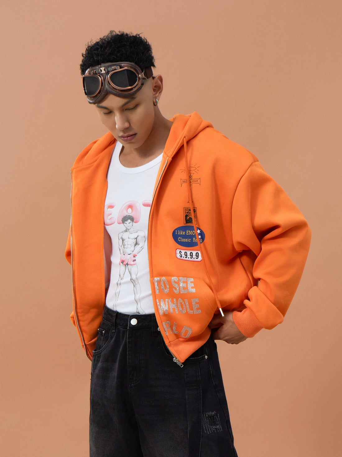 CLP Unisex Oversized Cropped Hoodie with Embroidered Patches & Print-Blue-M-Free Shipping Leatheretro