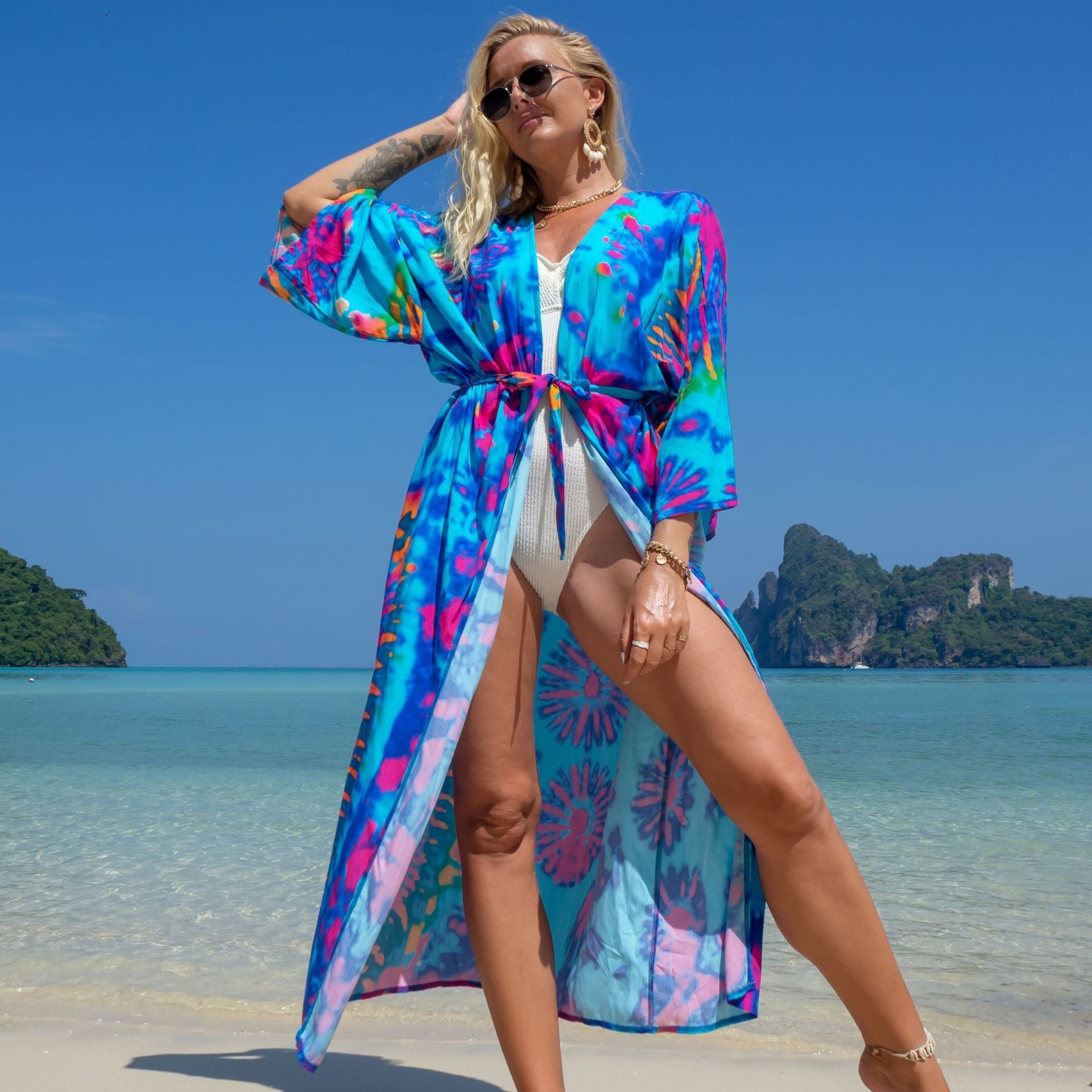 Fashion Floral Print Summer Kimono Beachwear Cover Ups-Blue Dyed-One Size-Free Shipping Leatheretro