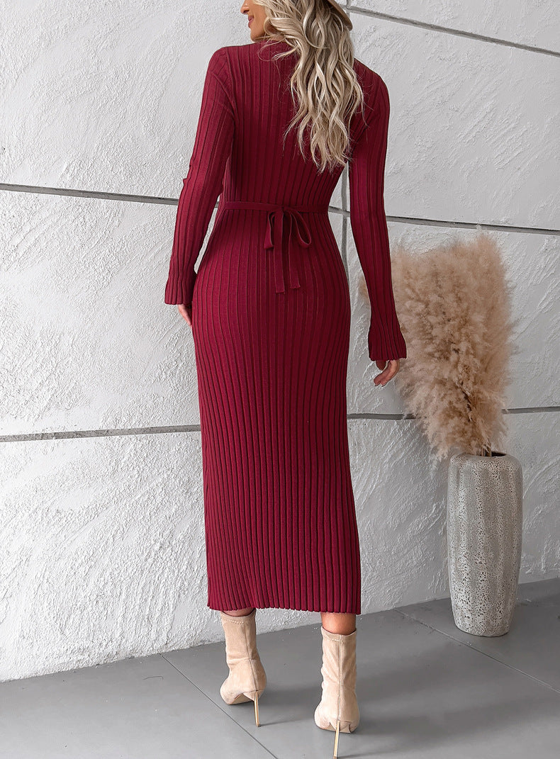 Elegant V Neck Long Sleeves Knitted Dresses-Dresses-White-S-Free Shipping Leatheretro