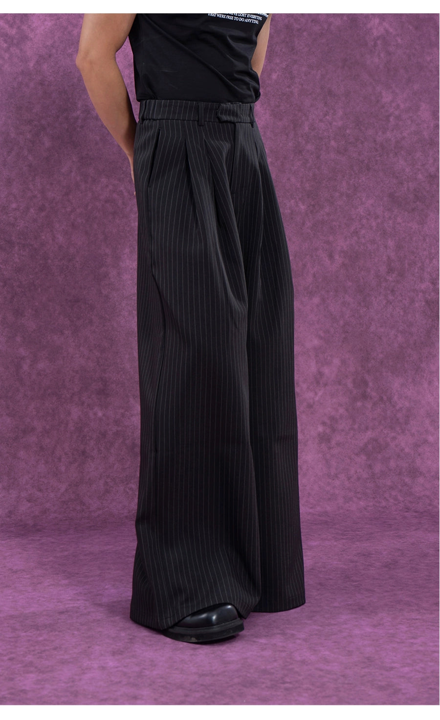 CLP Black Striped Relaxed-Fit Pants with Elastic Waist-Black-S-Free Shipping Leatheretro
