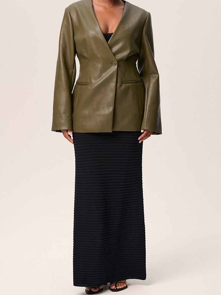 Fashionable Green V-Neck Slim-Fit Faux Leather Blazer-green-S-Free Shipping Leatheretro