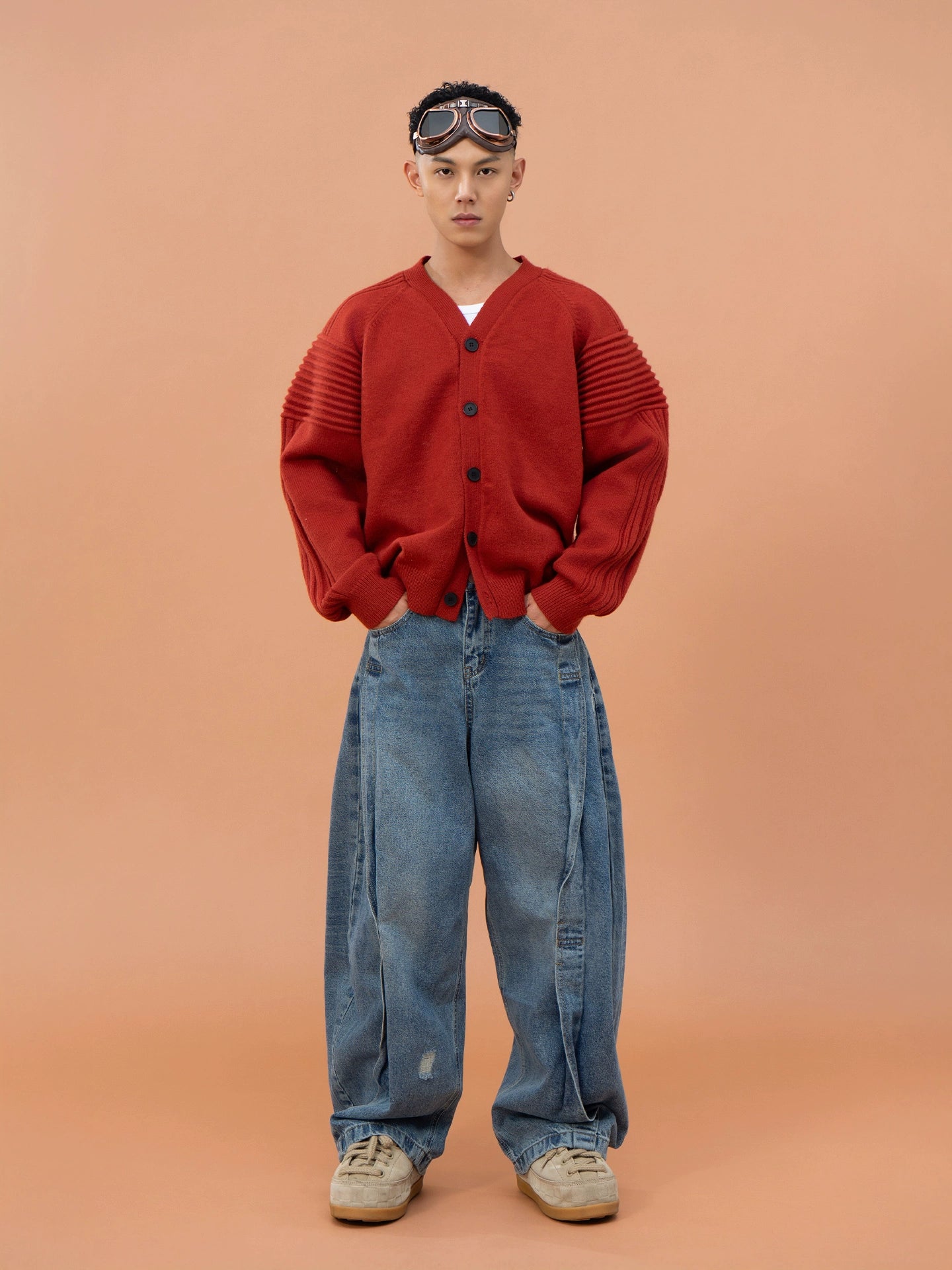 CLP Men's Oversized Drop Shoulder Cardigan Sweater-Red-M-Free Shipping Leatheretro