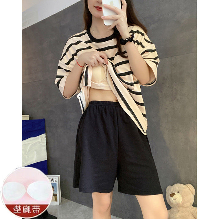 Casual Striped Summer Short Sleeves Shirts & Shorts Homewear-Sleepwear & Loungewear-A-M-L-Free Shipping Leatheretro