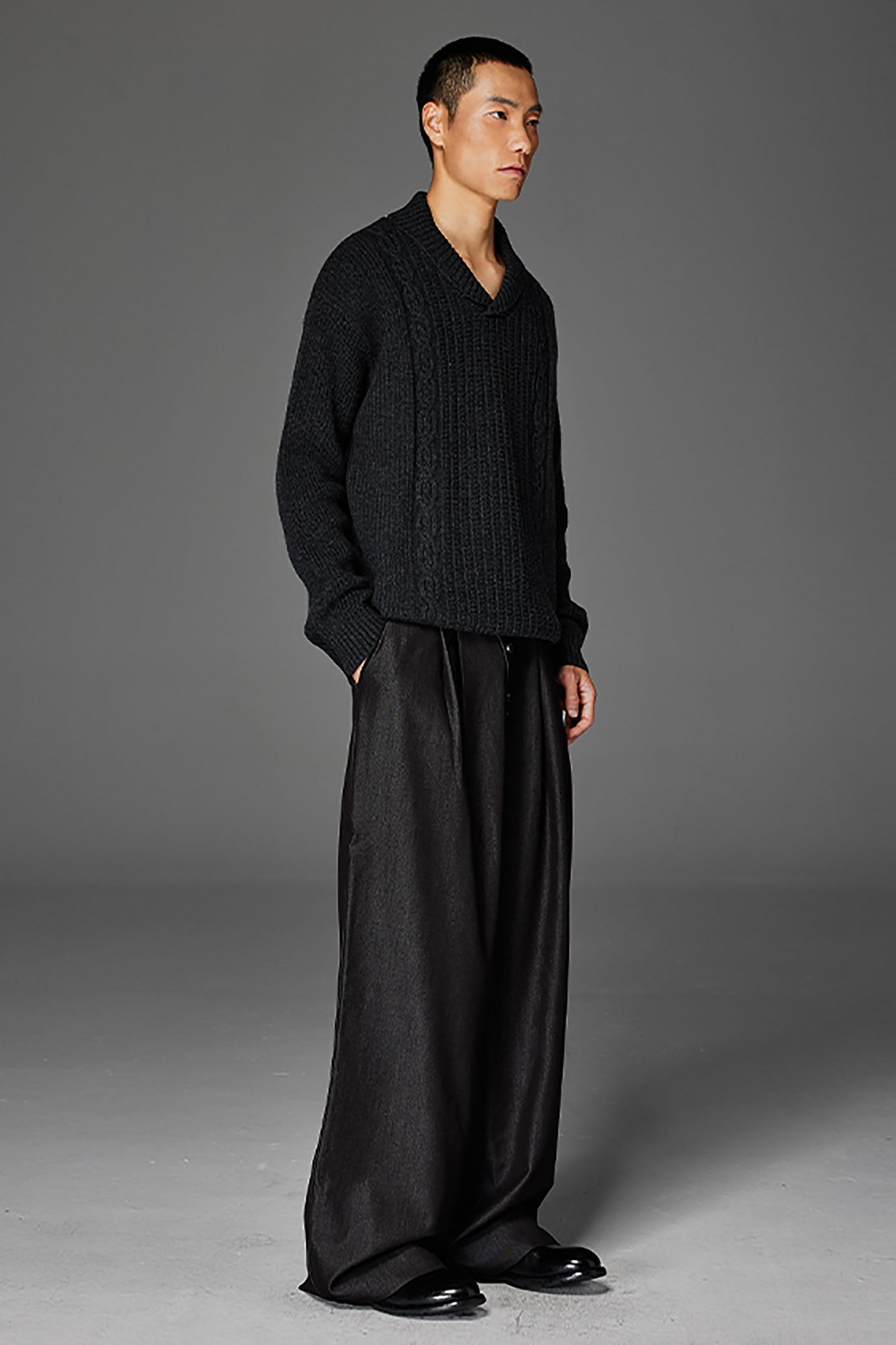 CATSSTAC Wool-Blend Shawl-Collar Cable Knit Sweater-Sweater-M-Dark Gray-Free Shipping Leatheretro