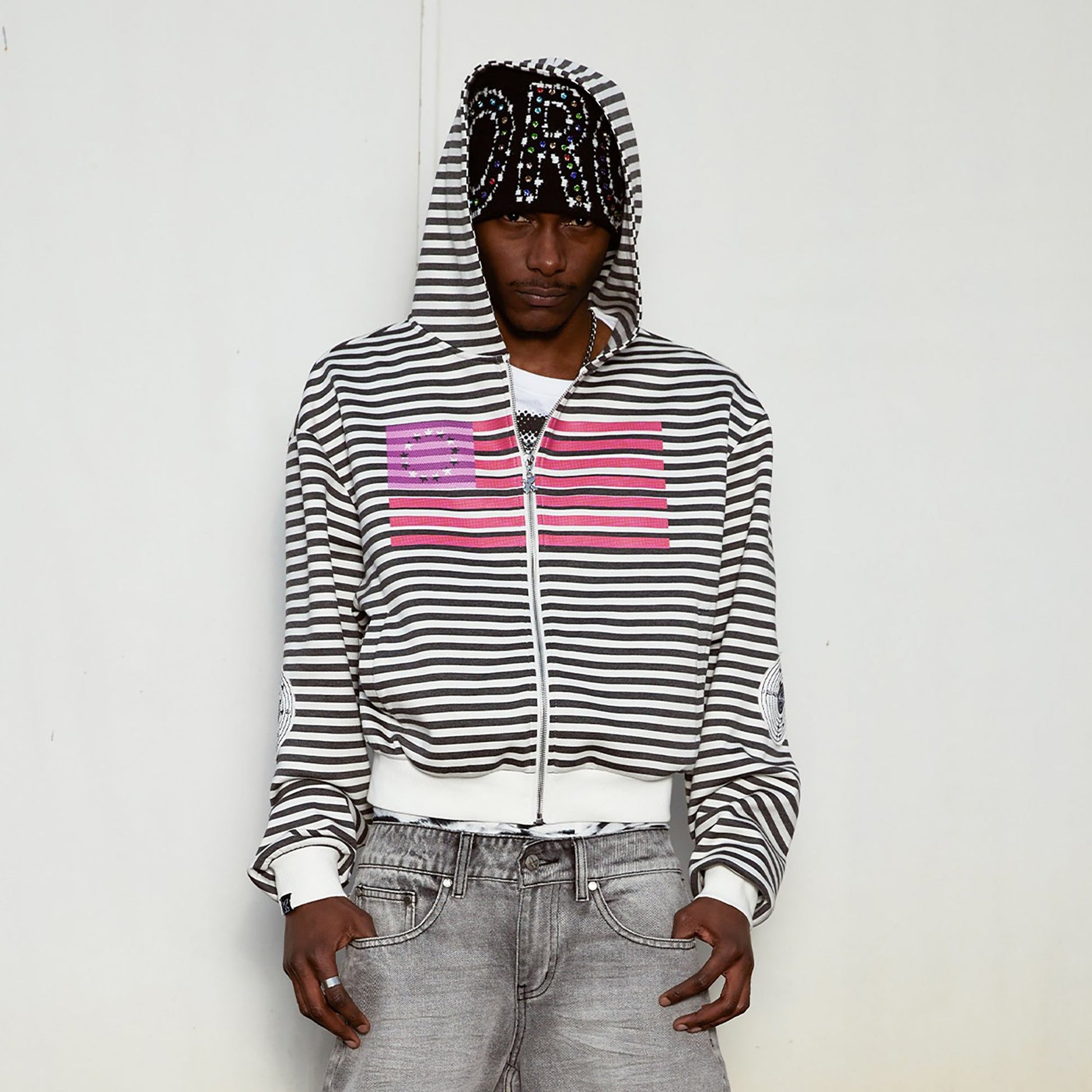 VINKID Flag Stripe Zip-Up Hoodie-Jacket-S-Free Shipping Leatheretro